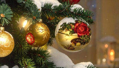 Close-up shot of a decorated evergreen, featuring festive golden ornaments