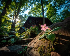 Rustic Cabin Nestled In Lush Forest With Pink Flower
