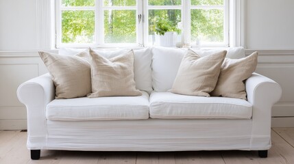 White Sofa With Beige Pillows In A Bright Living Room