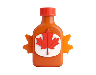 3D rendered maple syrup bottle with red cap, prominent red maple leaf on white label, and orange autumn leaves, symbolizing Canadian products and fall.