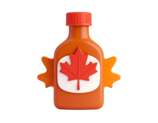 3D rendered maple syrup bottle with red cap, prominent red maple leaf on white label, and orange autumn leaves, symbolizing Canadian products and fall.