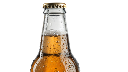 Cold brown glass beer bottle with liquid and refreshment drops isolated on white background
