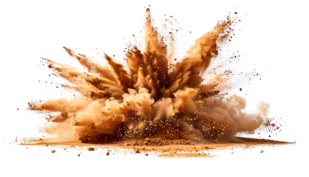 A brown explosion of dust and particles, spreading outwards against a black background