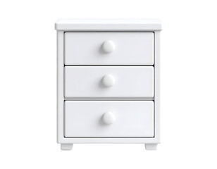 Minimalist White Three-Drawer Cabinet Nightstand Isolated on Black Background. Modern Bedside Table Furniture for Home Interior Storage.