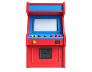 Red and Blue Retro Arcade Machine with Blank Screen on Black Background