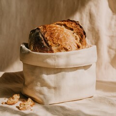 Artisan Loaf Of Bread In A Glittery White Basket Under Natural Light