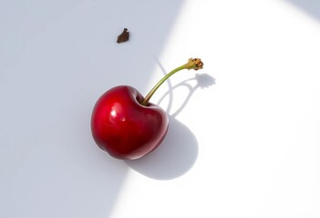 Single ripe cherry, sunlit, cast shadow on white,  design element,  macro