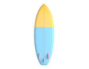 Modern 3D render of a colorful surfboard featuring yellow, light blue, and pink fins, isolated on a black background, ideal for summer, beach, and water sports themes.