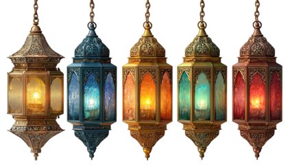 Hanging Ramadan Decorations and Ramadan in Gold Brass Letters Against a Blurred Mosque Background. RAMADAN KAREEM on light background