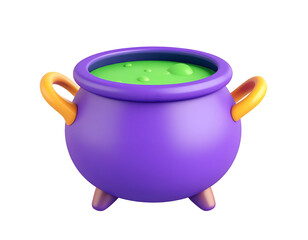 3D render of a purple Halloween cauldron with bubbling green potion on a black background