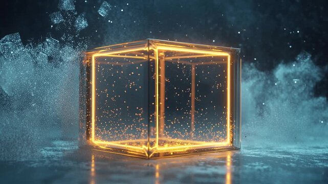 Dynamic glowing cube animation with particles exploding in a futuristic scene