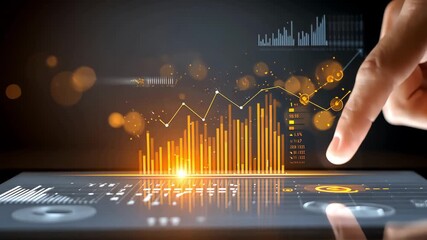 Hand touching futuristic digital dashboard interface with growing bar charts and data visualizations, 4k video - Powered by Adobe