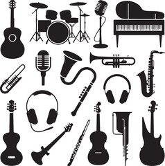 Obraz premium Music & Instrument Silhouette Vector Icons