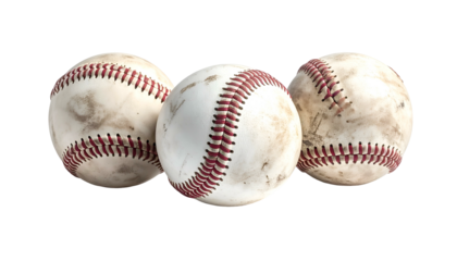Three well-worn baseballs, white with red stitching and scuff marks, arranged on black