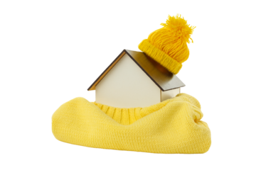 Wooden house with cozy yellow winter decor, isolated on white, PNG