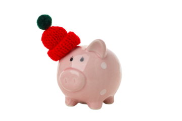 Winter piggy bank with knitted hat, isolated on white, PNG