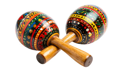 Two crossed, hand-painted percussion instruments with colorful patterns. Wooden handles