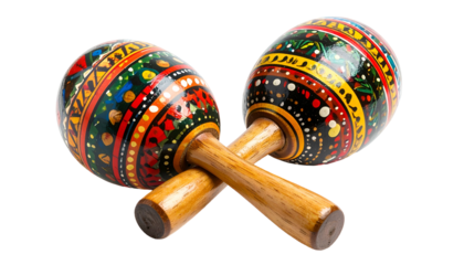 Two crossed, hand-painted percussion instruments with colorful patterns. Wooden handles