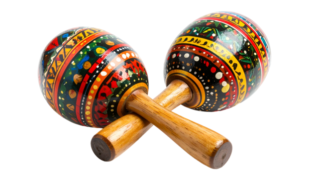 Two crossed, hand-painted percussion instruments with colorful patterns. Wooden handles