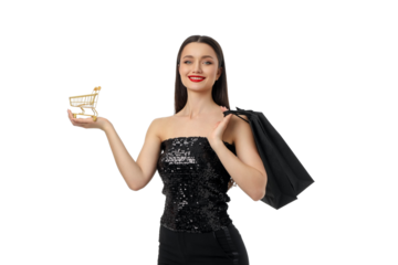 Woman with shopping bag and golden cart deals, isolated, PNG