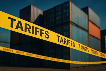 Yellow Tariff Warning Tape on Shipping Containers in a Freight Yard Signifying Trade Regulations and Costs