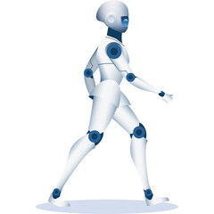 White Robot With Blue Accents Walking Left Side Profile View Minimalist Sci Fi Future Technology And Artificial Intelligence Concept Clean Simple Isolated On White Background