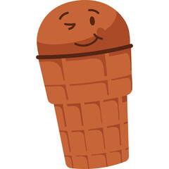 Winking Chocolate Ice Cream Cone with Brown Waffle Exterior and Smooth Top with a Small Dark Line Detail and Pixelated Features on a White Background