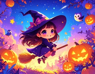Fototapeta premium A whimsical kawaii witch girl flying on a magic broom through a starry night sky surrounded by glowing Halloween jack-o'-lanterns