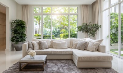 Fototapeta premium Elegant Living Room with Large Windows and Lush Greenery.