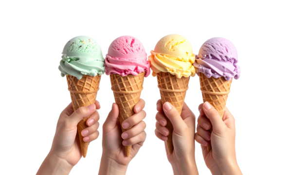 Four hands hold multicolored ice cream cones on a black background