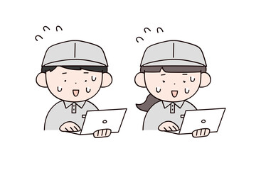 焦っているパソコンを持った作業服の男女2人