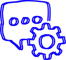 Blue line art of a chat bubble with a gear symbol representing communication settings, chatbot, or support tools, ideal for tech and service design concepts