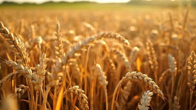 Golden Wheat Field Glistening Under Bright Sunlight in Summer