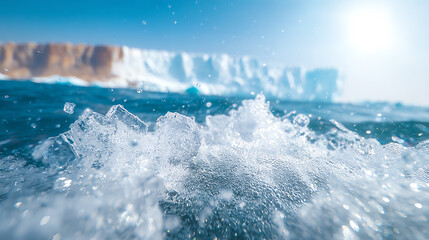 Dynamic ocean waves crashing against the icebergs under a bright blue sky, capturing the beauty of nature and climate change.