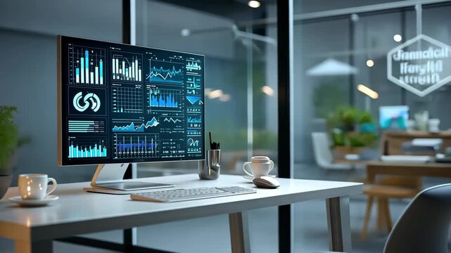 Modern dashboard interface displaying financial data and charts on a computer screen in a contemporary office setting, 4k video - Powered by Adobe