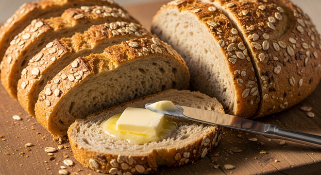 Delicious sliced loaf of multigrain bread topped with oats and creamy butter - Powered by Adobe