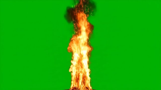Majestic slow motion pillar of fire rising dramatically on a vivid green screen fire, dark, inferno