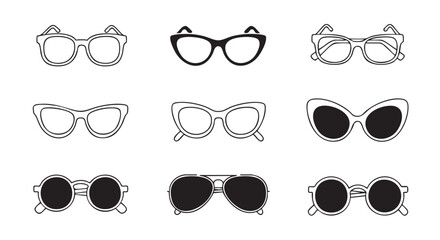 Black and White Glasses Collection Doodle Style on White Background