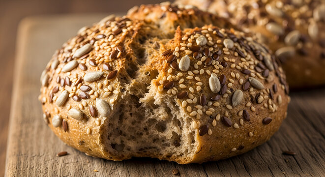 Freshly baked multigrain bread roll with various seeds, perfect for breakfast