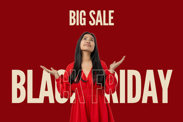 Woman in red dress expresses joy for Black Friday deals