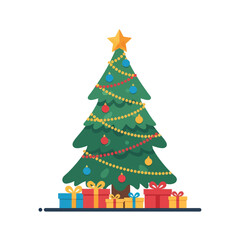 Illustrated Christmas tree with presents on white background.