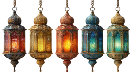 Hanging Ramadan Decorations and Ramadan in Gold Brass Letters Against a Blurred Mosque Background. RAMADAN KAREEM on light background