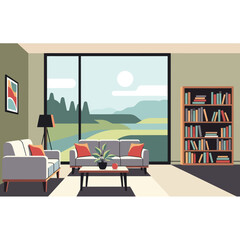 Modern Living Room Interior with a Scenic Nature View.