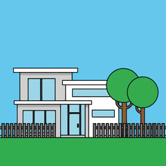 Modern two story house with trees and a fence illustration.