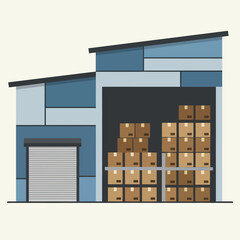 Modern warehouse building with stacks of cardboard boxes.