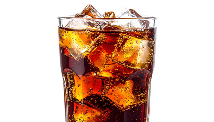 A close-up of a glass filled with a bubbly, dark beverage and ice cubes