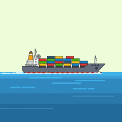 Pixel Art Container Ship Sailing on Blue Water.