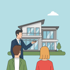 Real Estate Agent Showing a Modern House to a Young Couple.