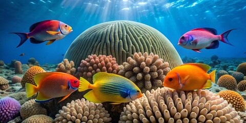 Naklejka premium Vibrant Reef Fish Displaying Stunning Colors Amidst a Lush Coral Garden Underneath Sunlit Waters