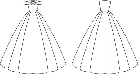 Elegant ball gown fashion sketch, wedding dress illustration, strapless and off‑shoulder design, formal evening wear, couture silhouette drawing